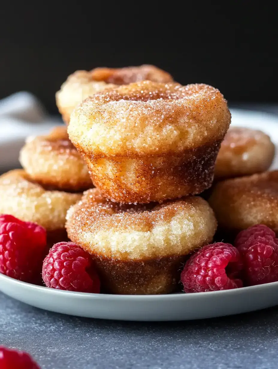 A plate of cinnamon-sugar dusted mini muffins is displayed alongside fresh raspberries.