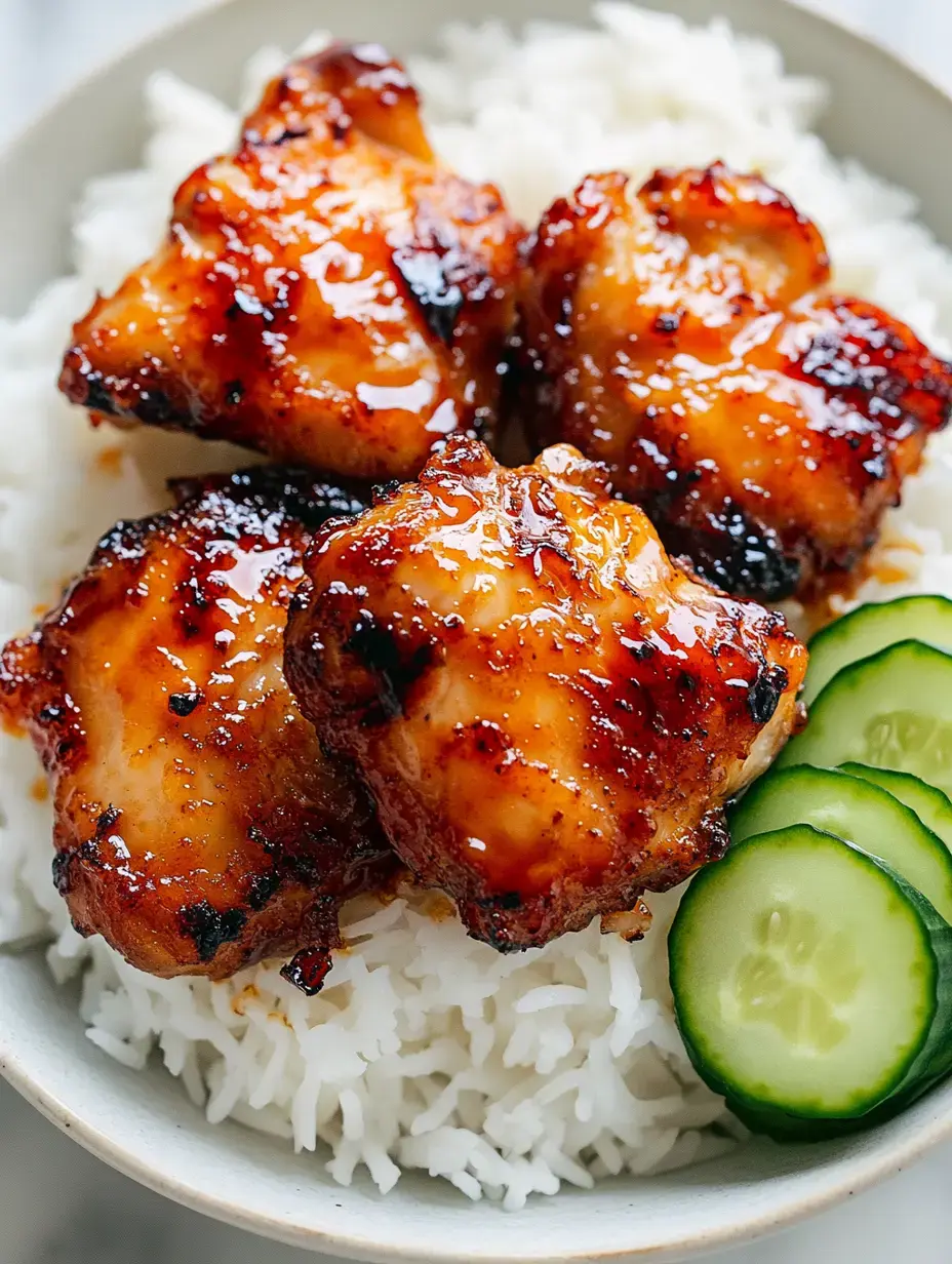 White rice in a bowl topped with sauce-glazed chicken thighs and fresh cucumber slices.