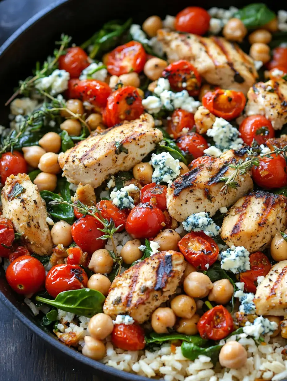 A skillet filled with grilled chicken, cherry tomatoes, spinach, chickpeas, and crumbled blue cheese over a bed of rice.