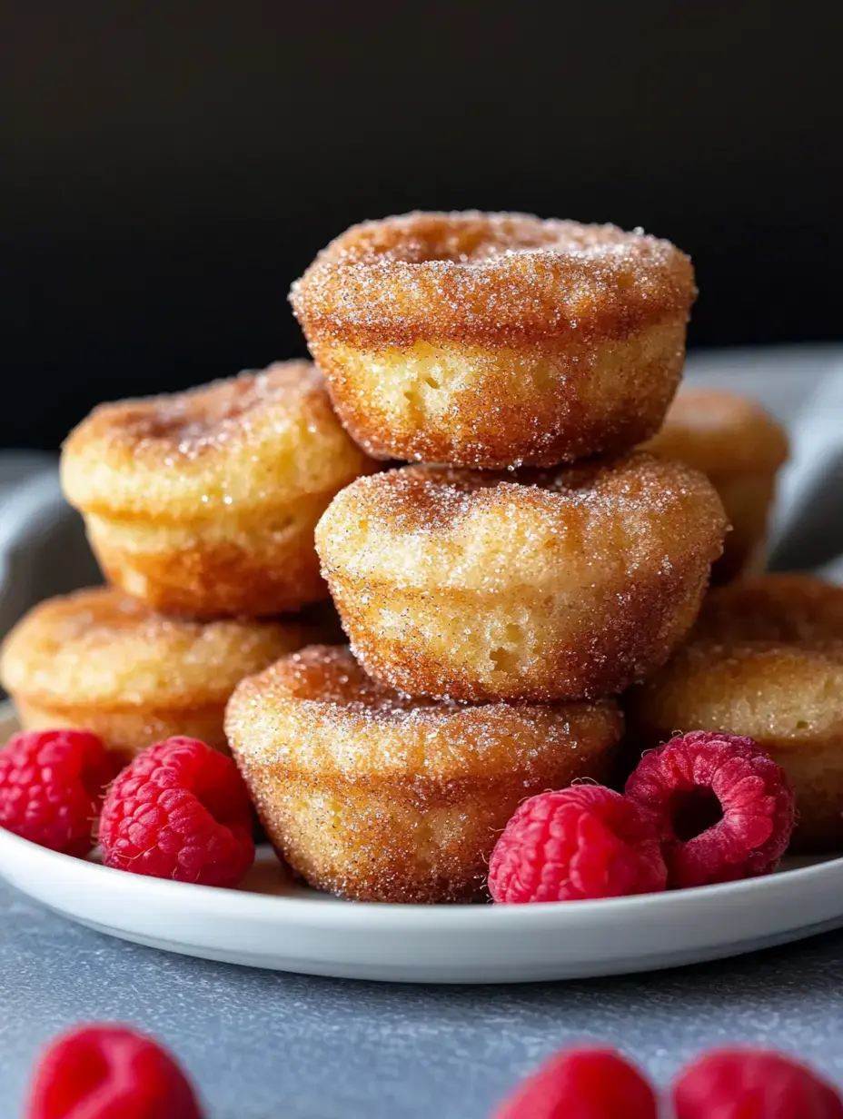 A plate of golden-brown, sugar-coated muffins is stacked and garnished with fresh raspberries.