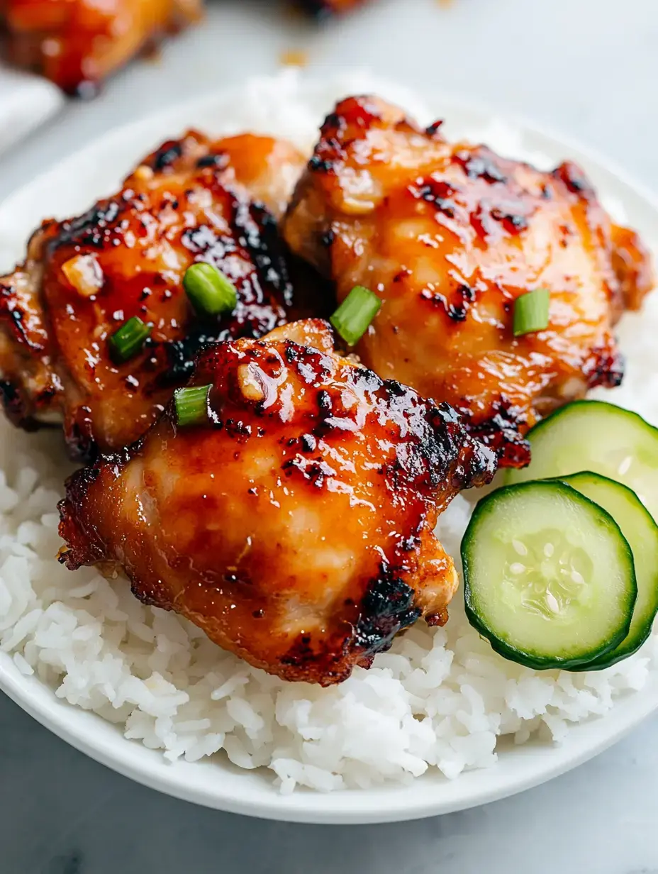 Glazed grilled chicken thighs served with white rice, topped with green onions and cucumber slices.