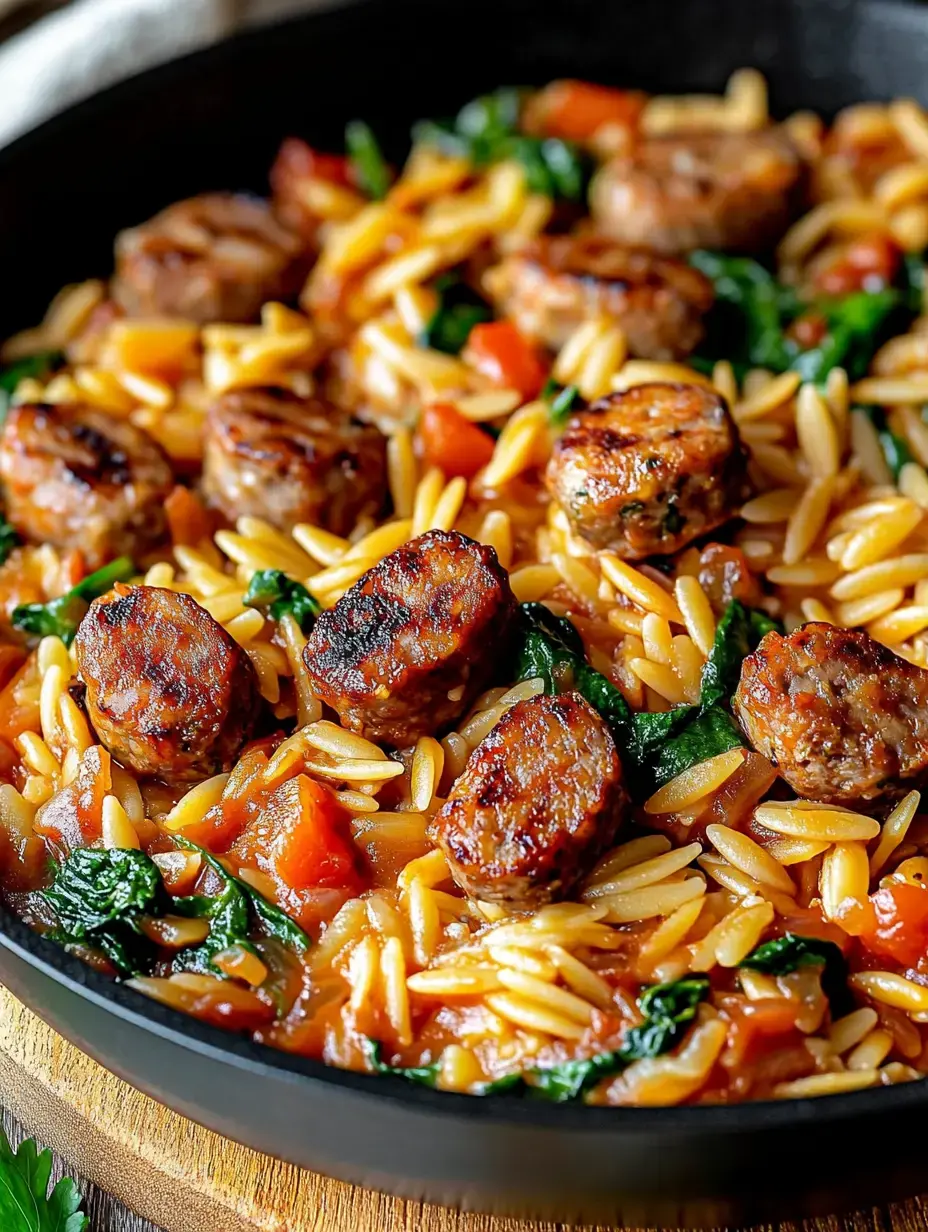 A close-up of a skillet featuring orzo pasta mixed with diced tomatoes, spinach, and sliced sausage.