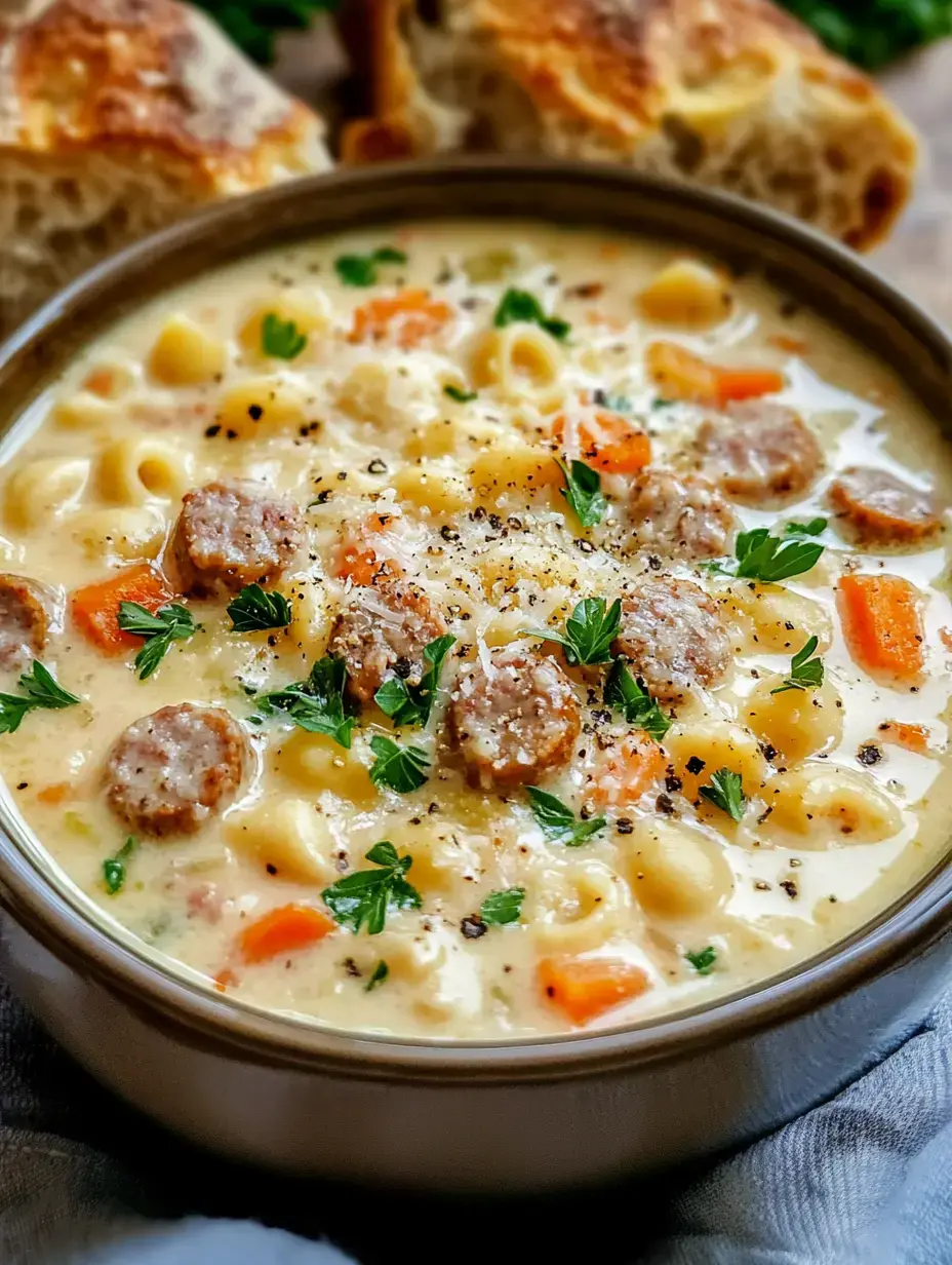 A bowl of creamy soup with pasta, sausage, carrots, and parsley, served with slices of bread in the background.