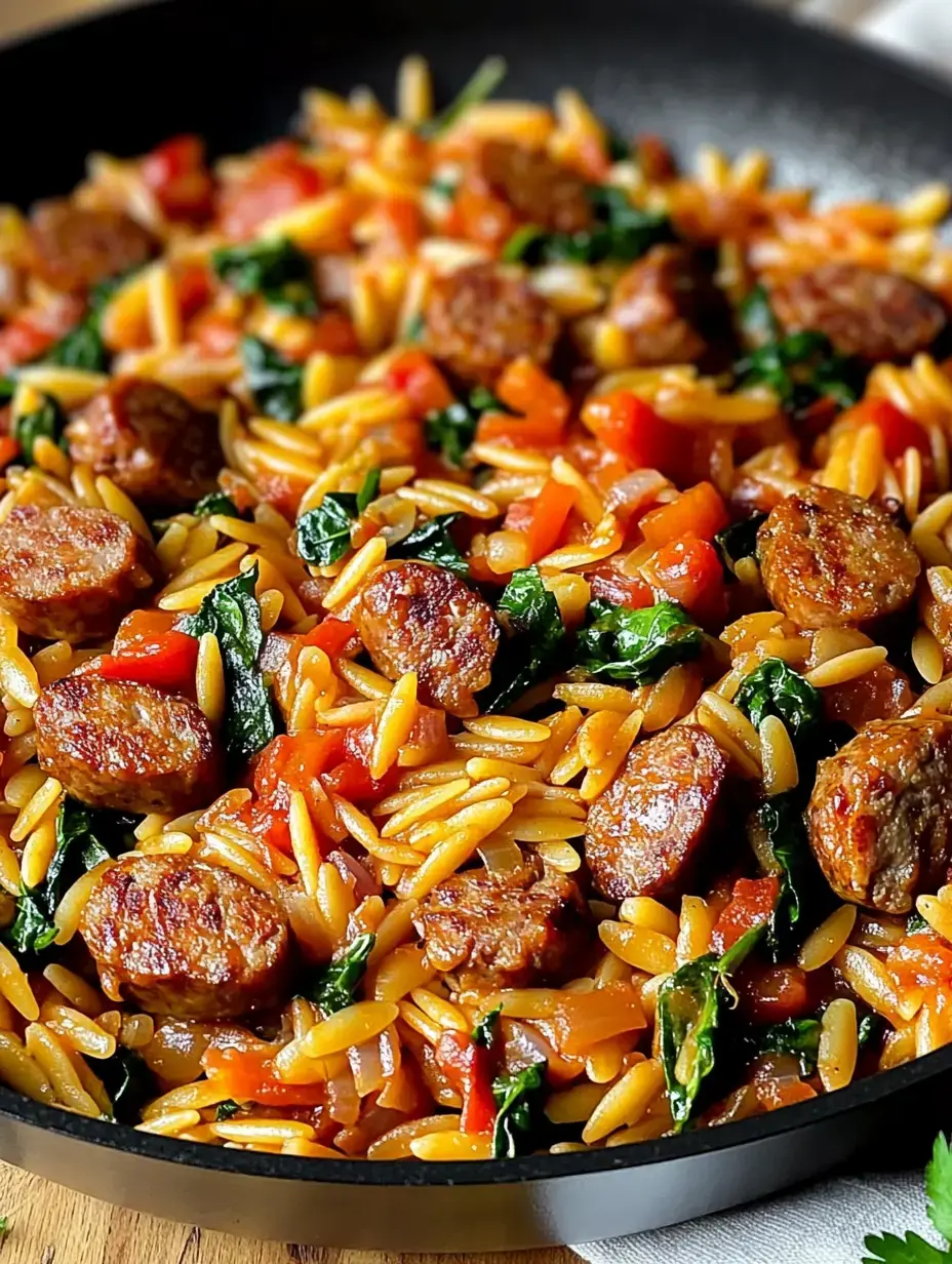 A close-up of a skillet filled with orzo pasta mixed with sausage slices, diced tomatoes, and leafy greens.