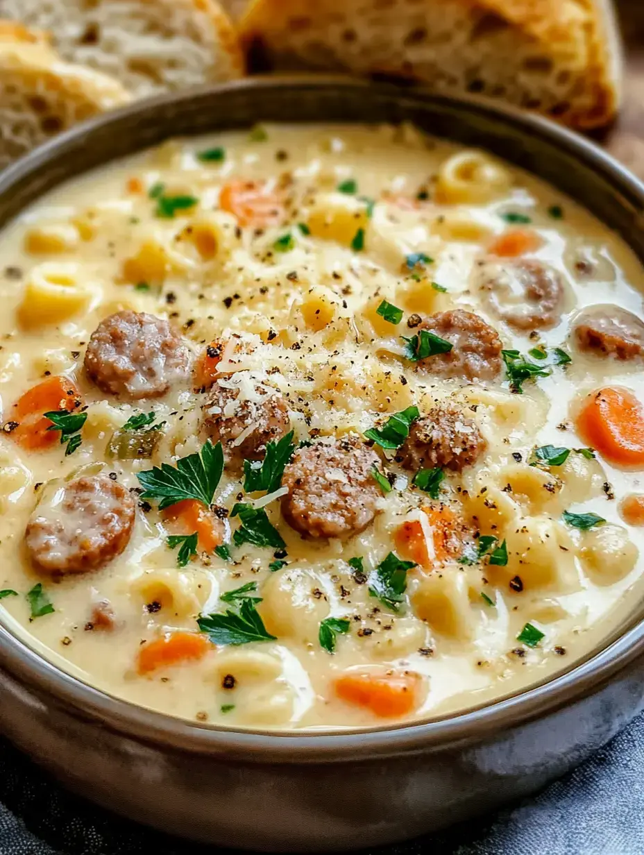 A bowl of creamy soup contains pasta, sausage, carrots, and parsley, accompanied by slices of bread in the background.