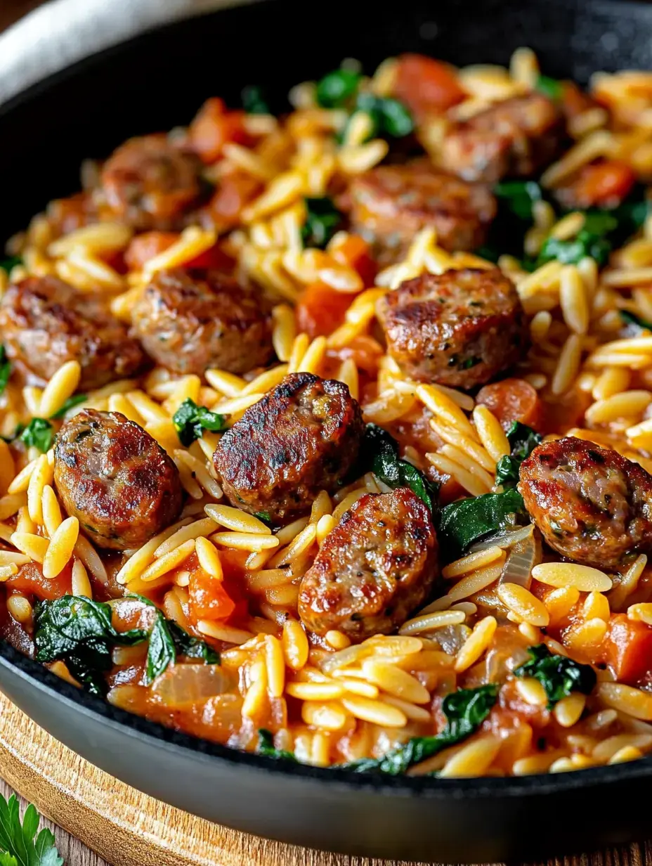 A delicious dish of orzo pasta mixed with cooked sausage, tomatoes, and spinach in a black skillet.