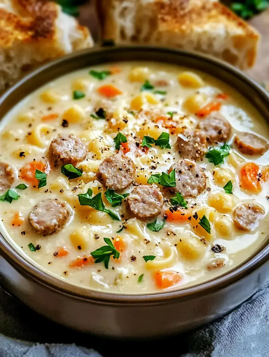 A bowl of creamy soup with chunks of sausage, pasta, carrots, and parsley, accompanied by pieces of toasted bread.