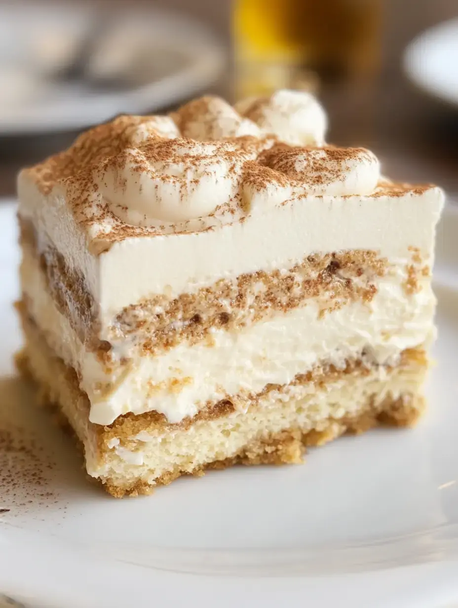 A portion of tiramisu with layers of mascarpone and coffee-dipped biscuits, dusted with cocoa and topped with cream.