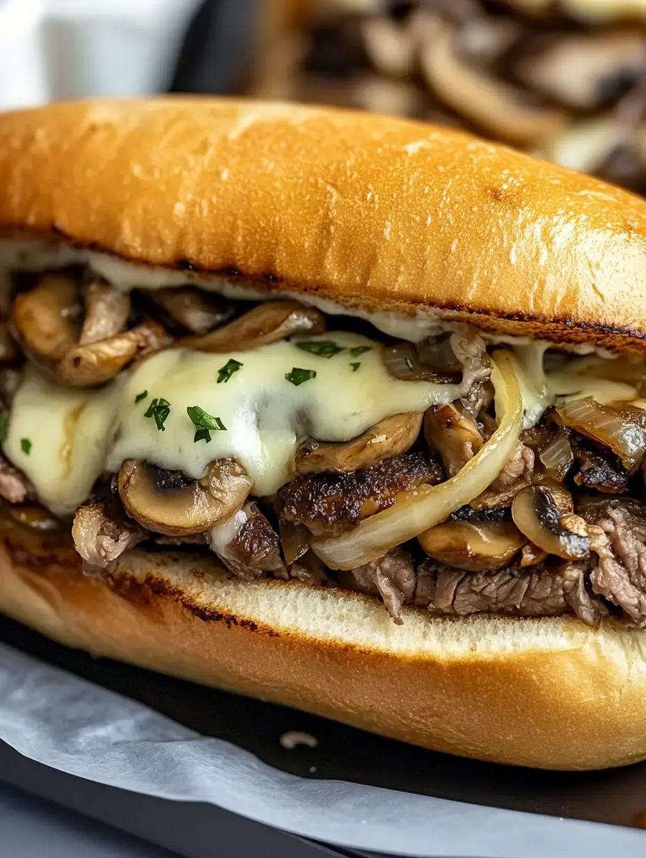 A close-up of a filled sandwich featuring sliced beef, sautéed onions, mushrooms, and melted cheese in a toasted bun.