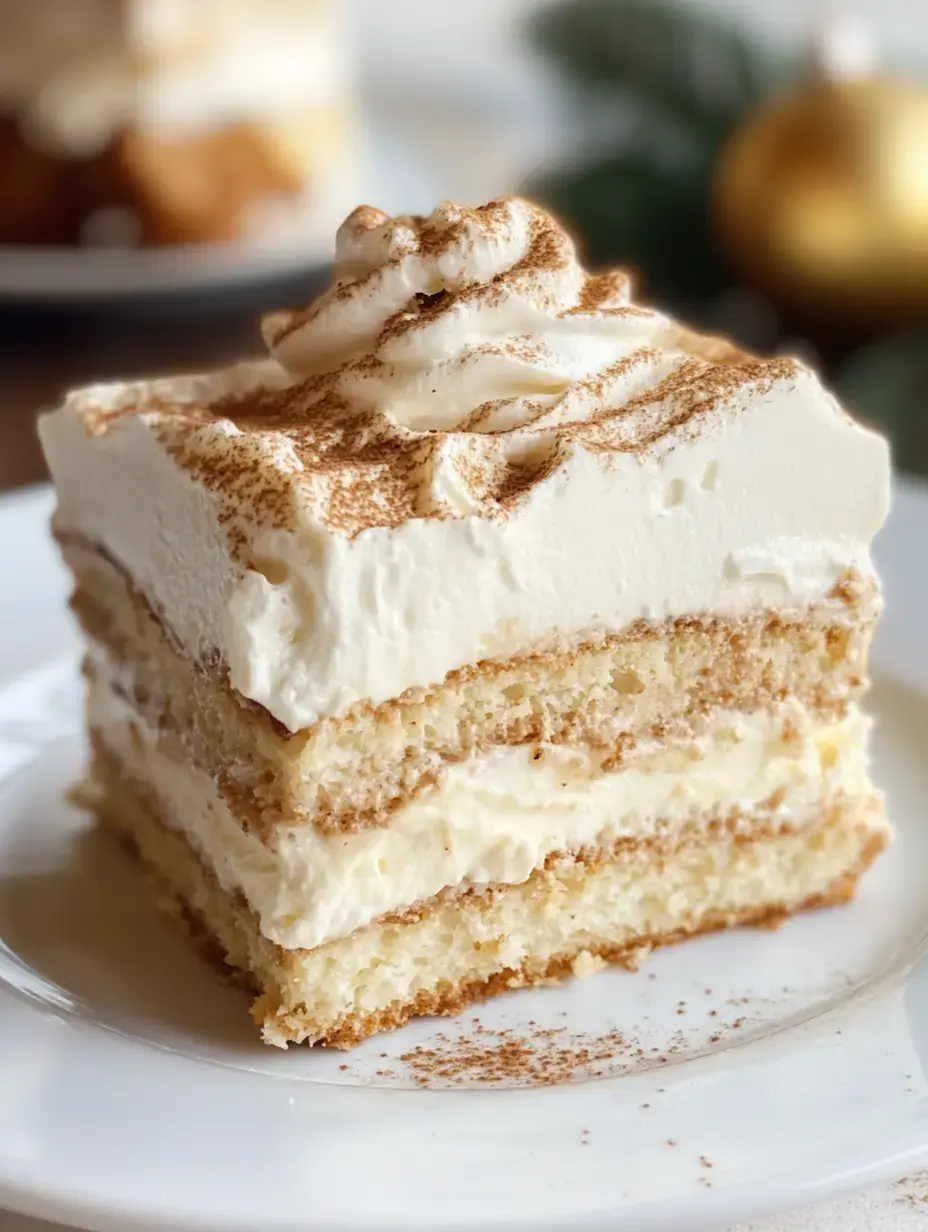 A piece of creamy layered cake topped with whipped cream and cocoa powder, served on a white dish.
