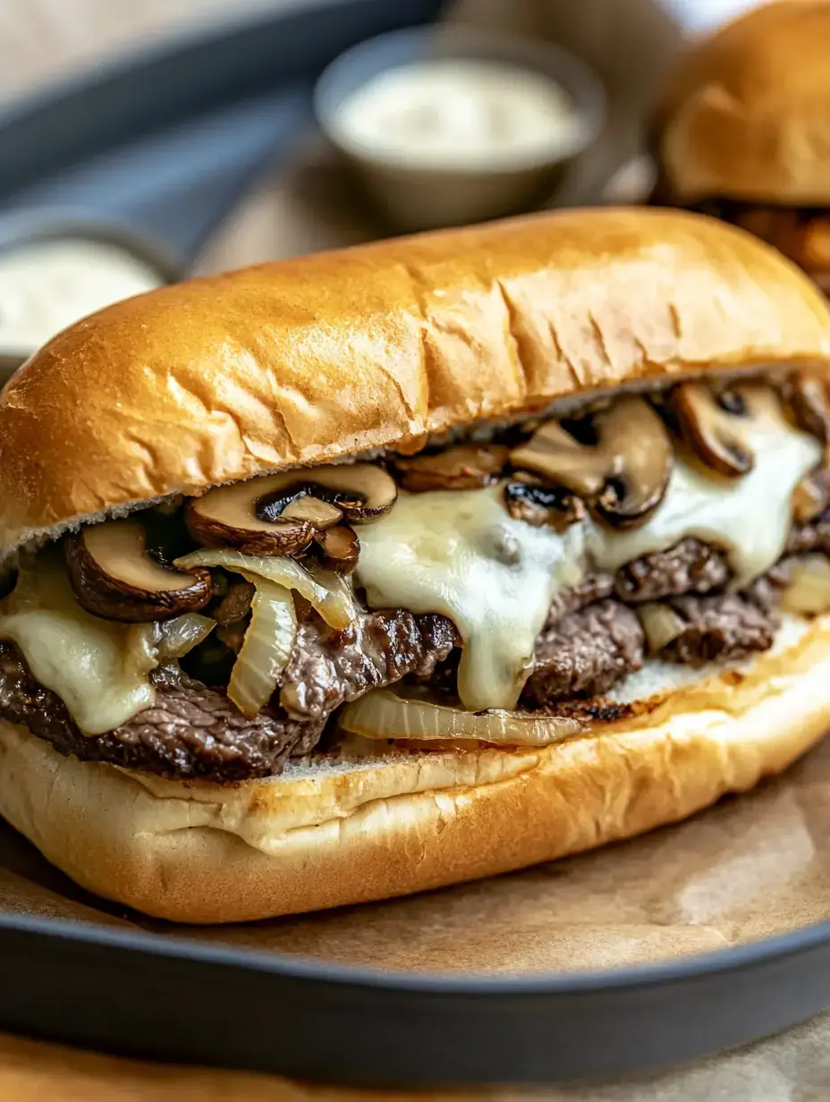 A close-up of a cheesesteak sandwich filled with sautéed mushrooms and onions, served on a toasted bun, with small bowls of sauce in the background.