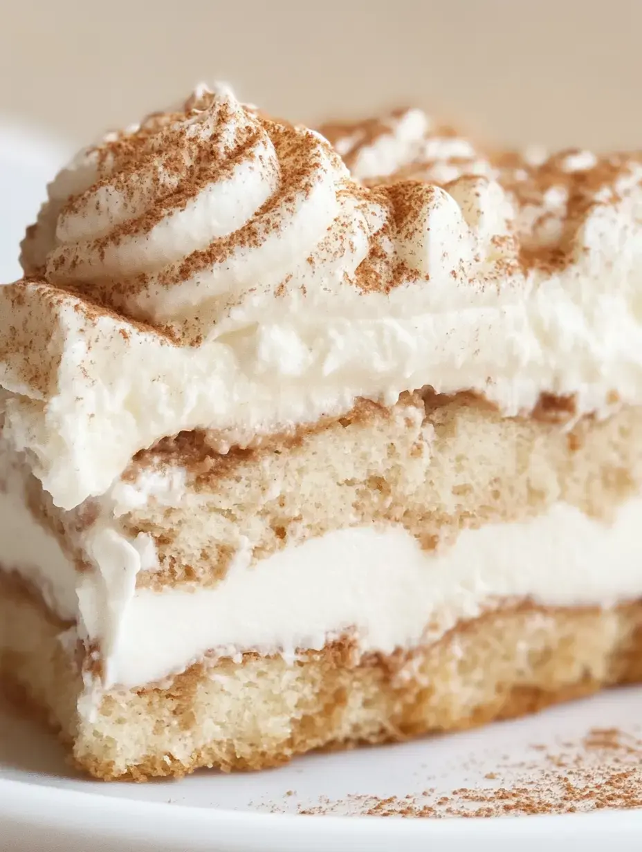 A detailed view of a cake slice with cream layers dusted with cocoa powder on top.