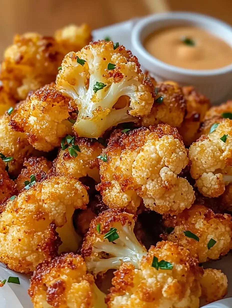 A close-up of golden-brown roasted cauliflower florets garnished with chopped parsley, accompanied by a small bowl of sauce.