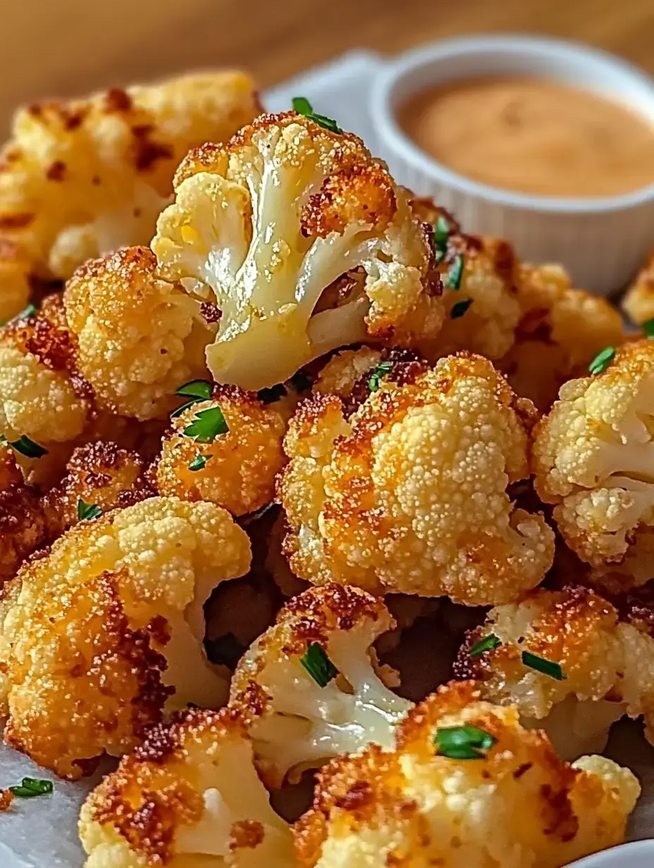 A close-up image of crispy, golden-brown roasted cauliflower florets garnished with green herbs, accompanied by a small bowl of dipping sauce.