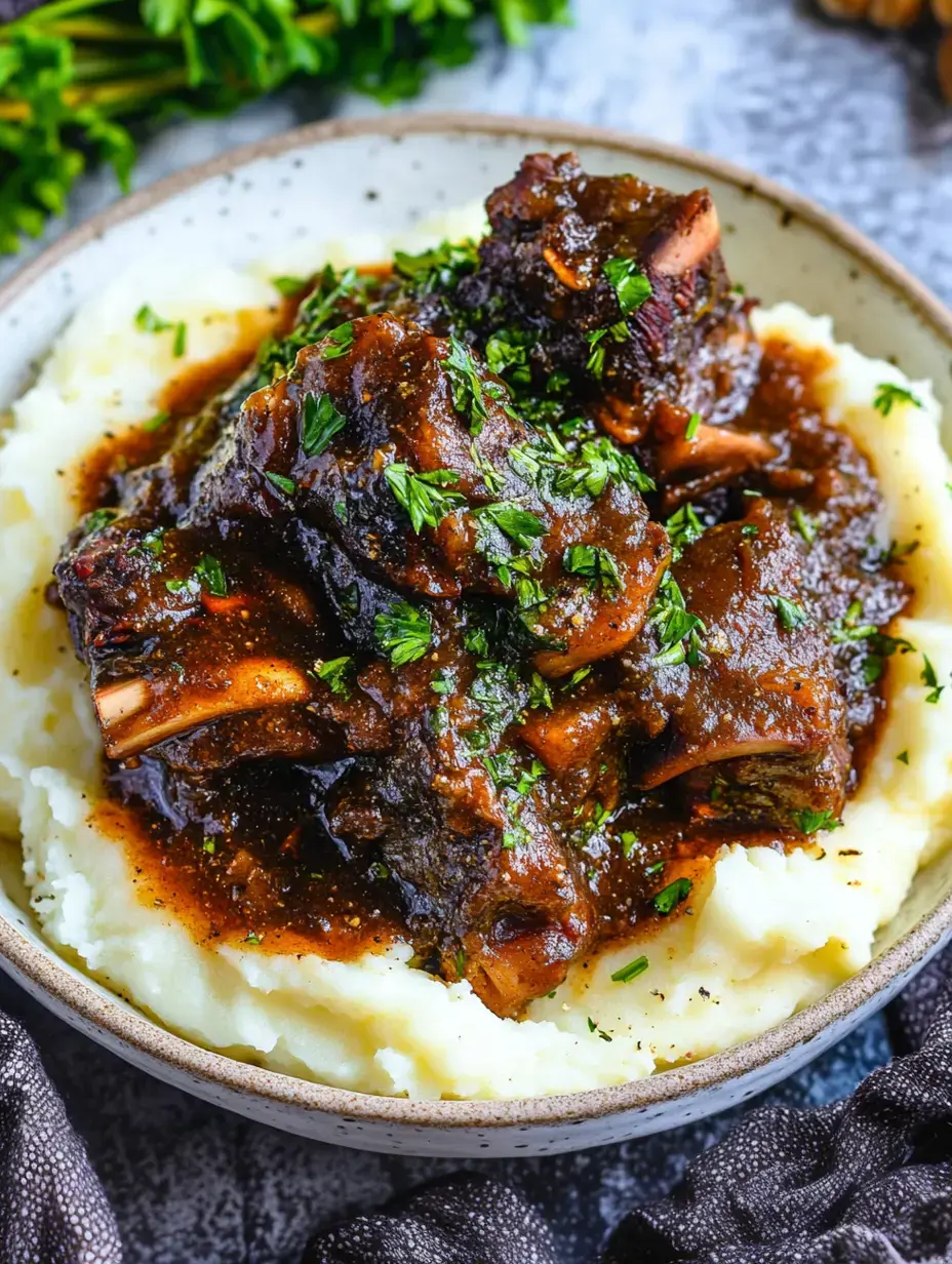 A dish featuring soft mashed potatoes with braised beef chunks in dark gravy, topped with fresh herbs.