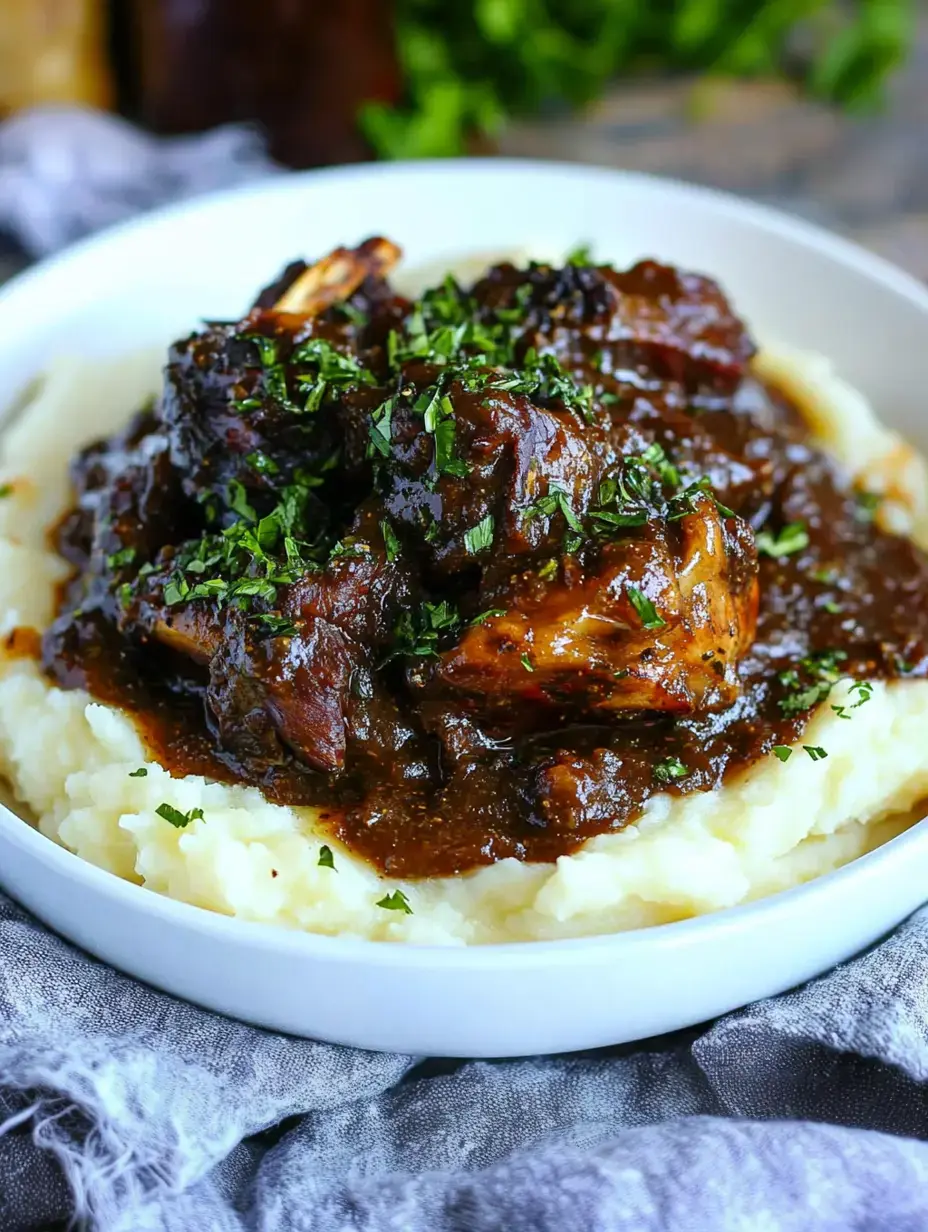 A serving of smooth mashed potatoes topped with tender meat chunks in thick brown gravy and sprinkled with chopped herbs.