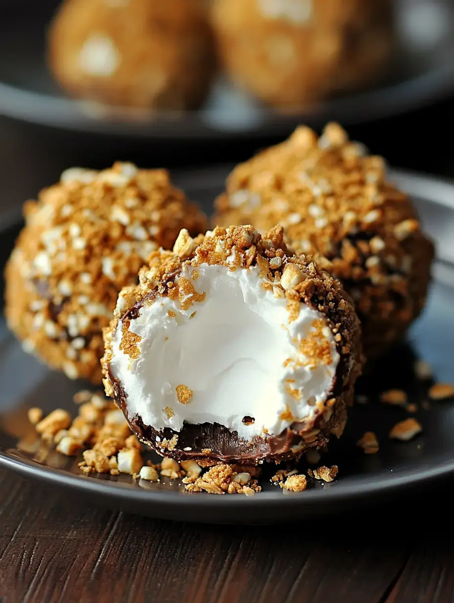 A close-up of a dessert featuring a coated chocolate ball with a creamy white center, surrounded by crushed topping on a dark plate.