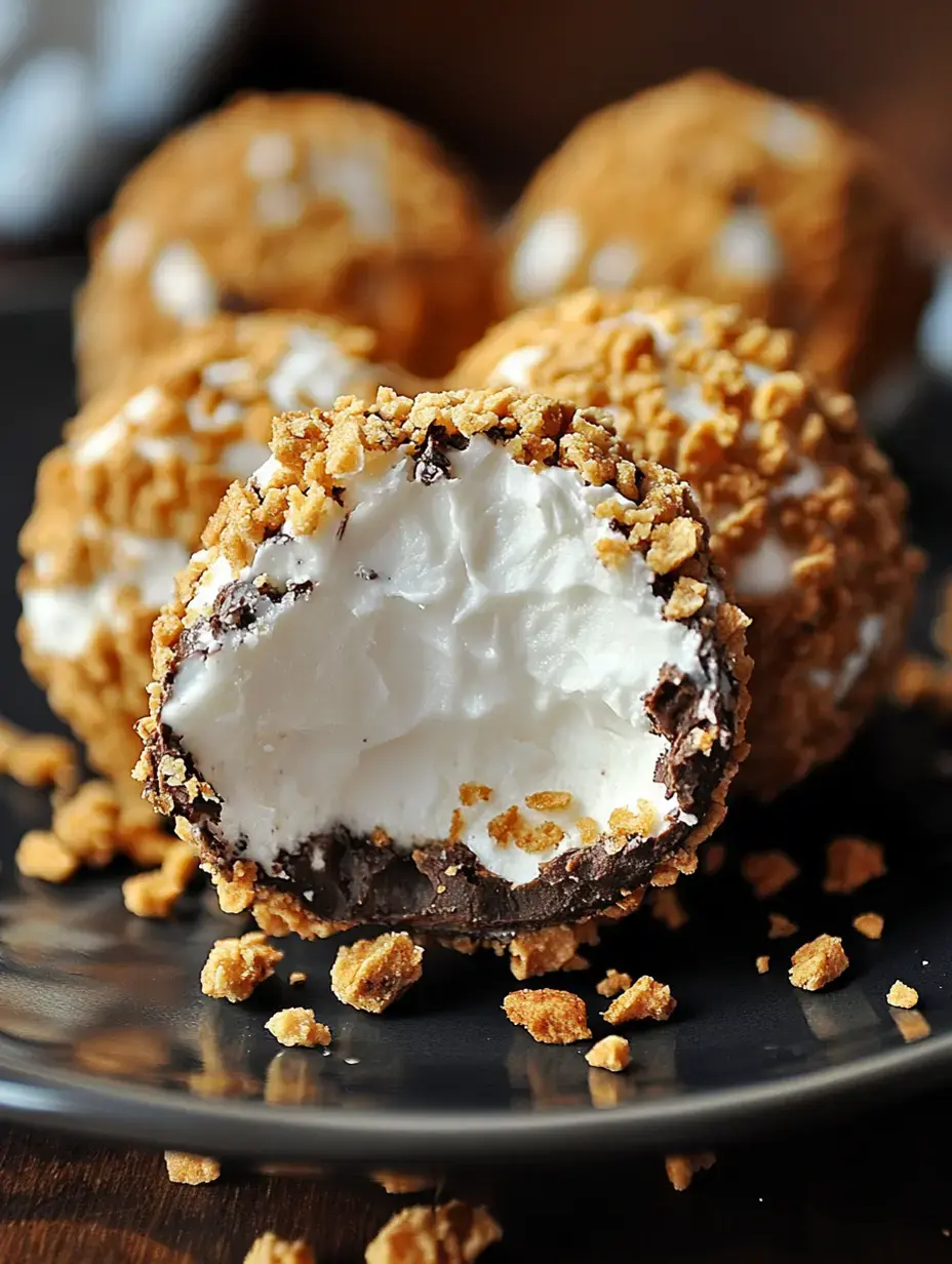 A close-up of a chocolate-coated dessert with a creamy interior, rolled in crunchy bits, placed on a black plate with scattered crumbs.