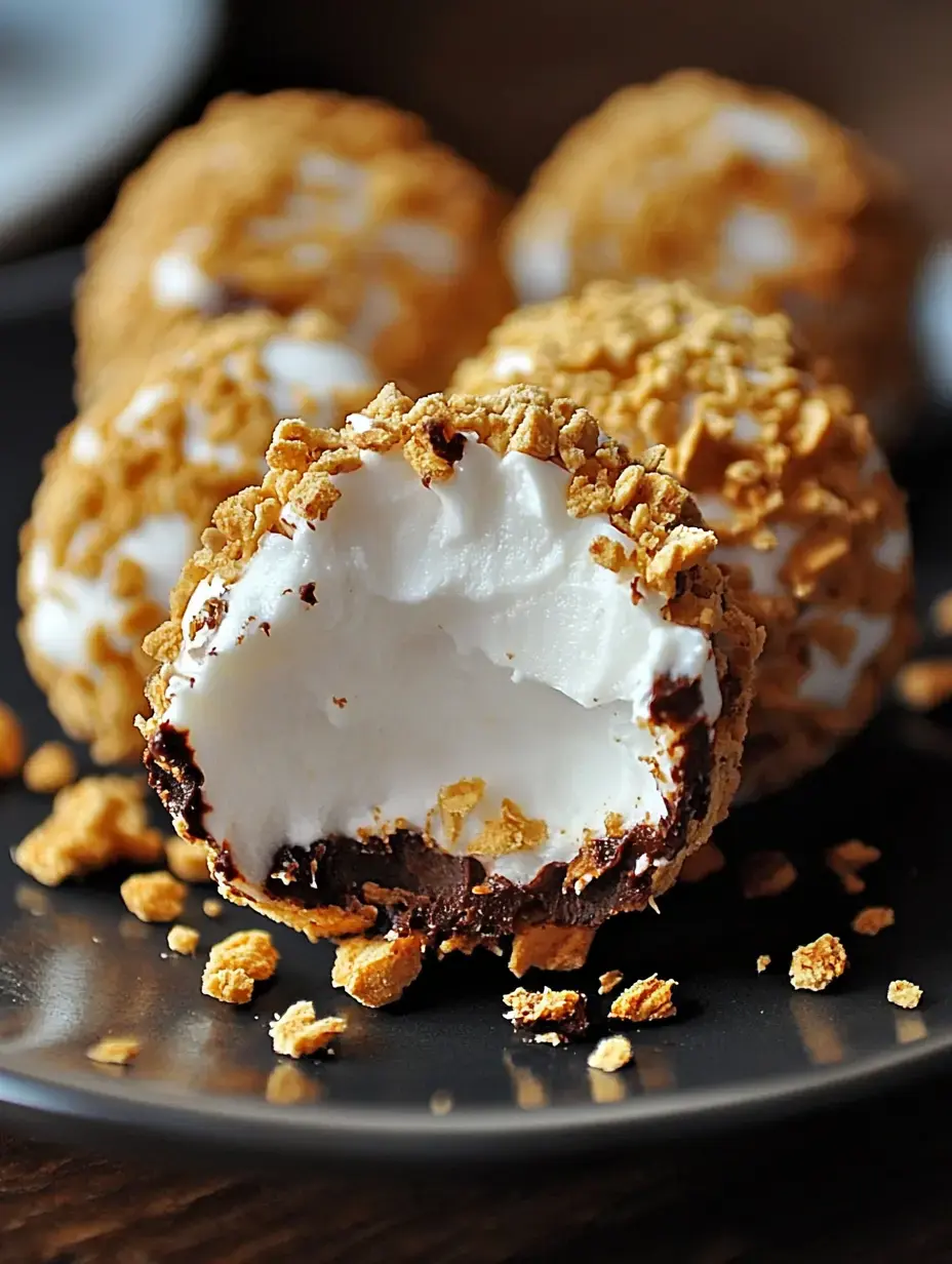 A close-up of a chocolate and marshmallow dessert ball with a bite taken out, revealing its creamy interior, surrounded by crushed cereal on a dark plate.