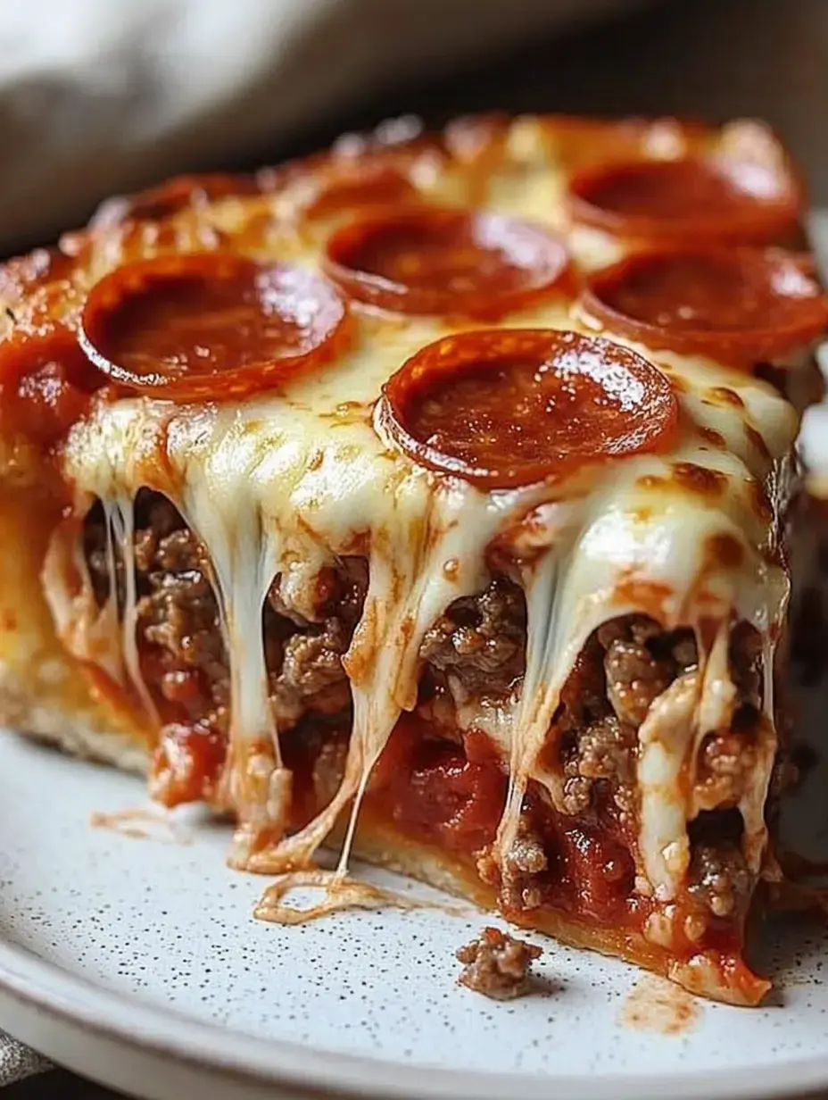 A slice of pepperoni pizza with melted cheese and meat toppings is placed on a speckled white plate.