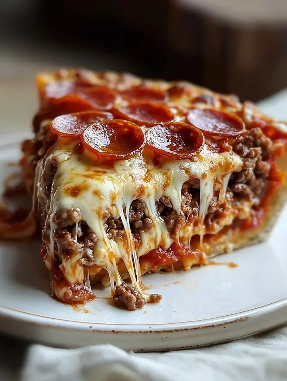 A slice of layered pizza is topped with pepperoni, gooey cheese, and seasoned ground meat, resting on a white plate.