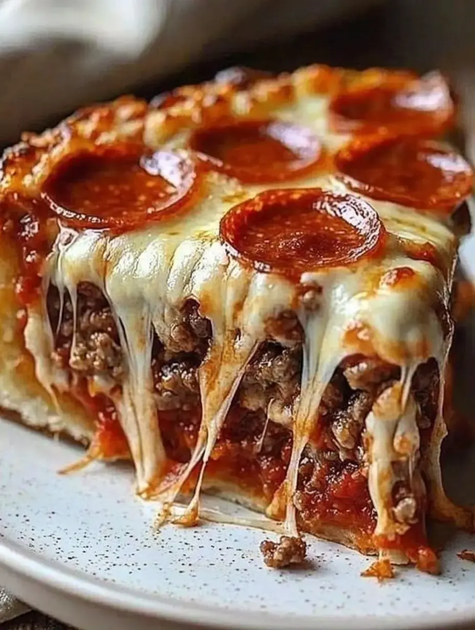 A slice of cheesy pizza topped with pepperoni and ground meat, with gooey cheese stretching from the slice to the plate.