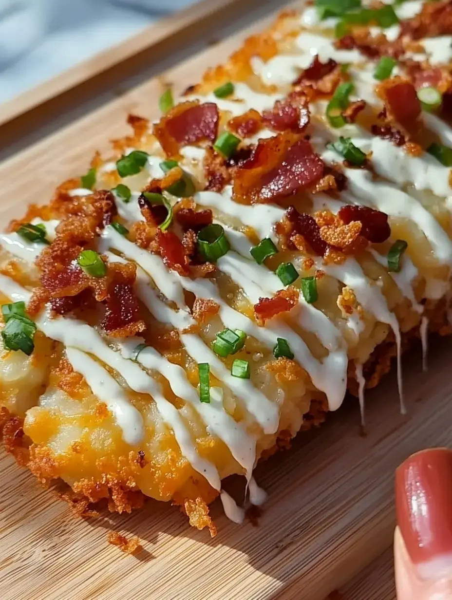 A zoomed-in view showing a crunchy baked potato dish garnished with bacon pieces, chopped green onions, and a creamy sauce drizzle, sitting on a wooden serving board.