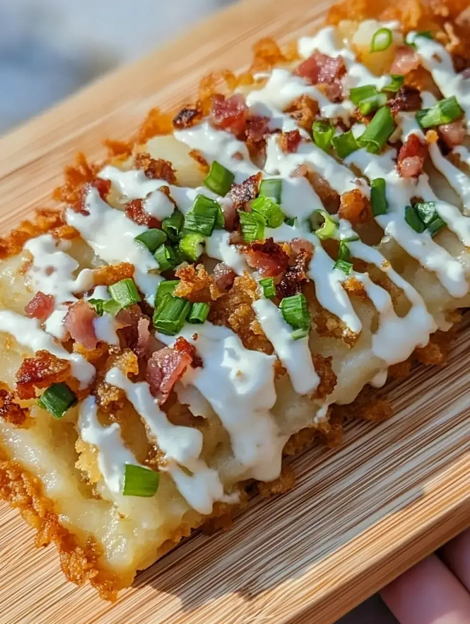 A tasty square dish with crisp fried potatoes topped with bits of bacon, green onion pieces, and streams of white sauce, presented on a wooden serving plank.