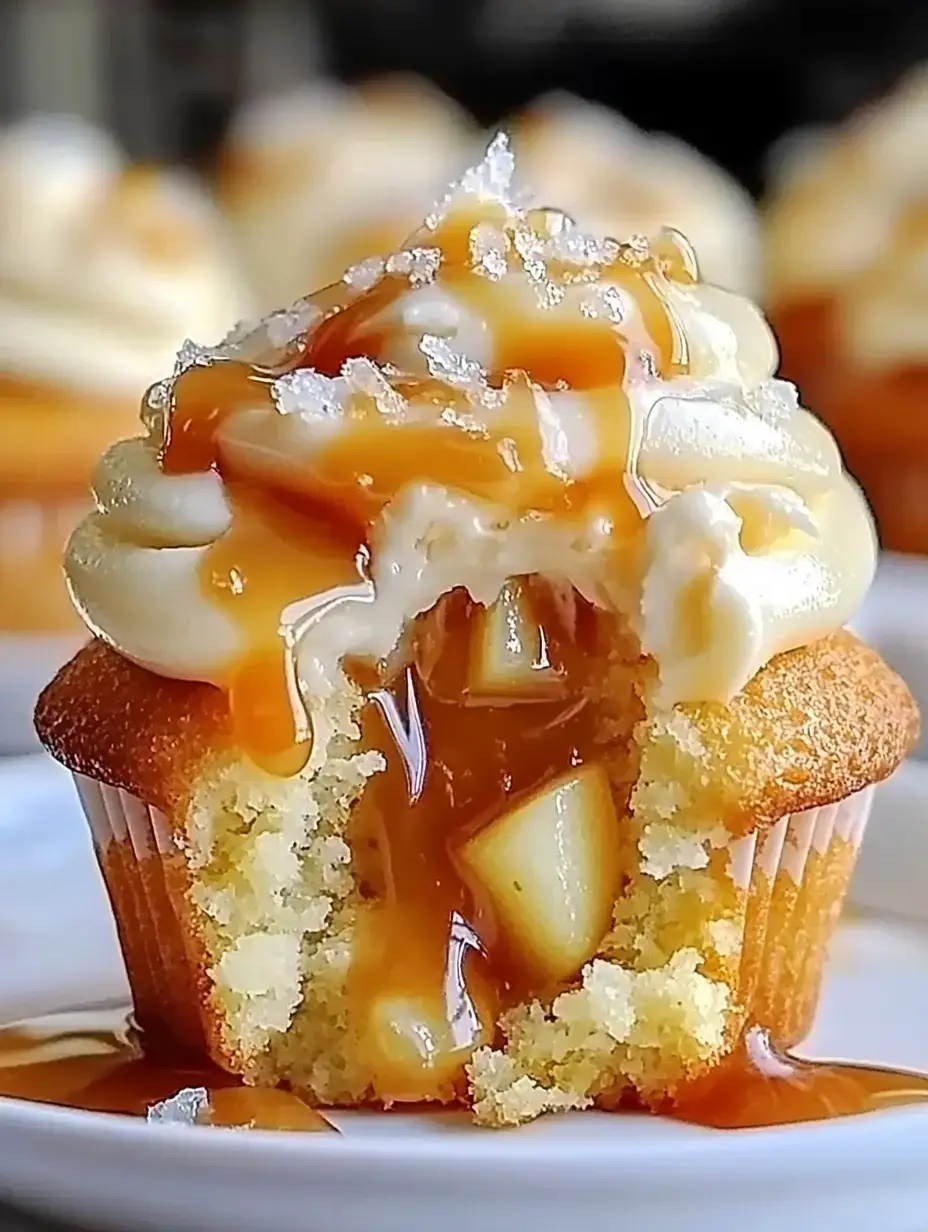 A close-up of a cupcake with creamy frosting, drizzled caramel, and a bite taken out revealing caramel and apple filling.