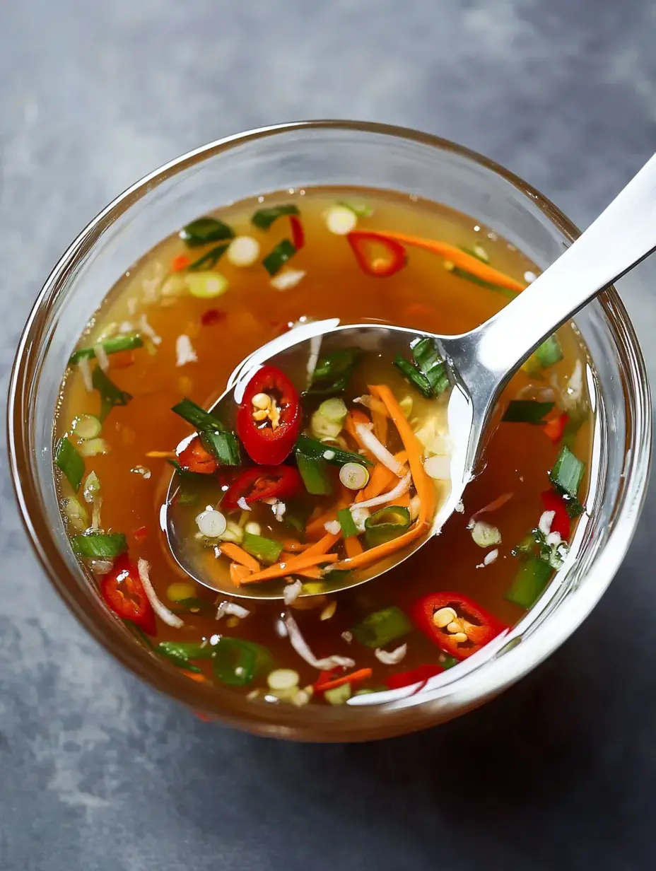 A close-up shot showing a glass dish containing bright Thai dipping sauce with red chili slices, green onion bits, and carrot strips, featuring a small spoon inside.