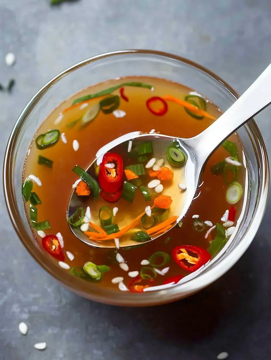 A broth bowl garnished with chili pepper slices, chopped scallions, carrot strips, and scattered sesame seeds with a spoon resting in the liquid.