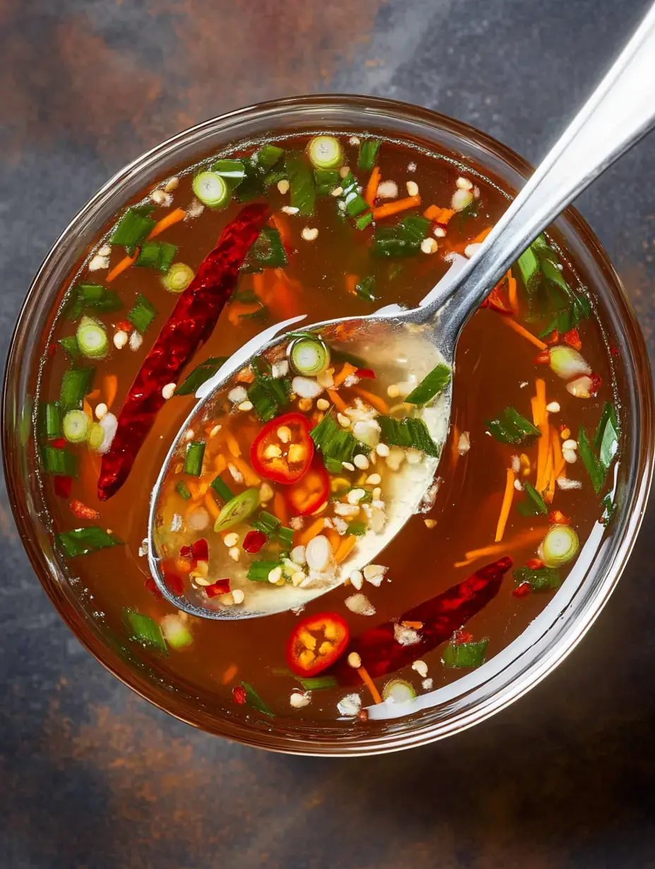 A closeup of soup topped with red chili slices, green onion pieces, carrot strips, and tiny sesame seeds with a spoon sitting inside the bowl.