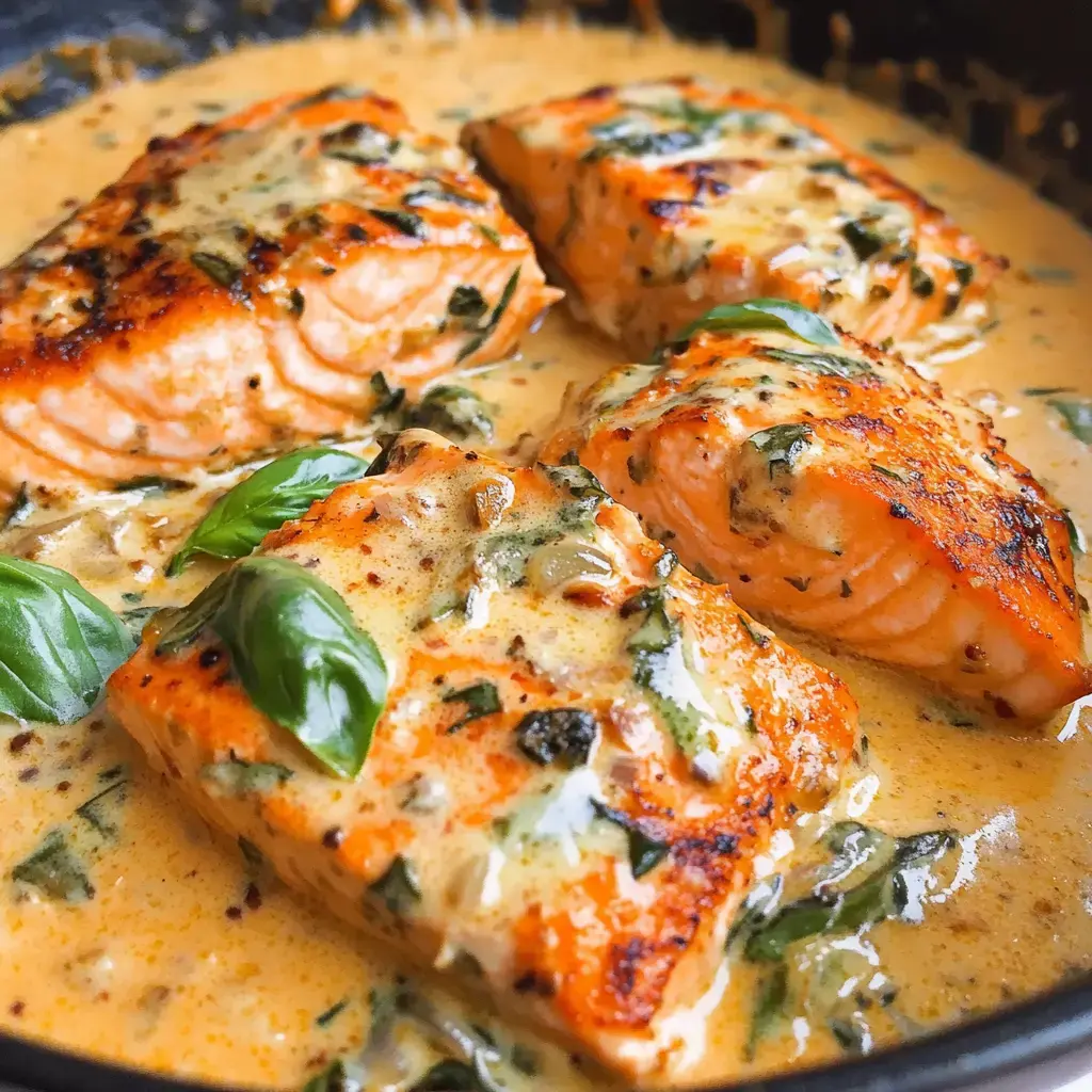 Four salmon fillets in a creamy tomato sauce, topped with herbs and fresh basil.