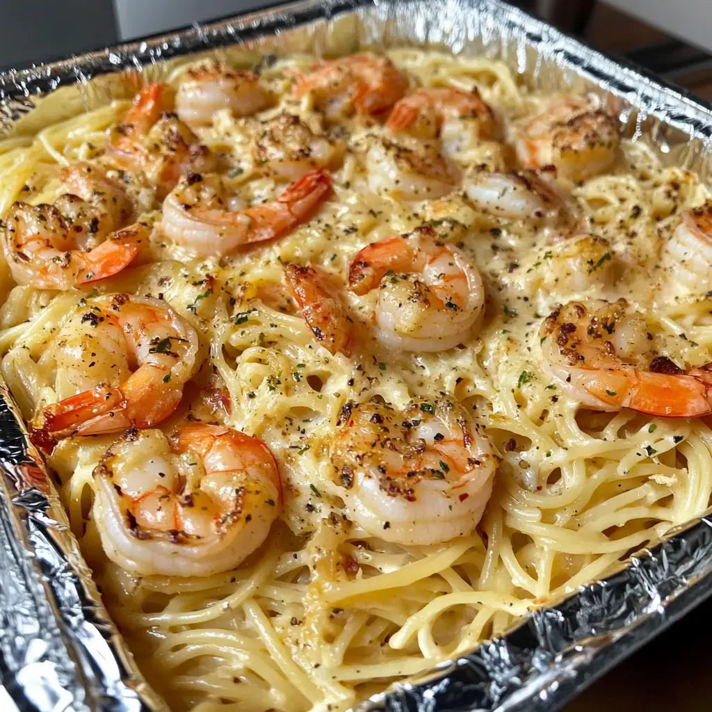 Close-up of spaghetti with crispy shrimp, creamy sauce, and herbs plated beautifully.