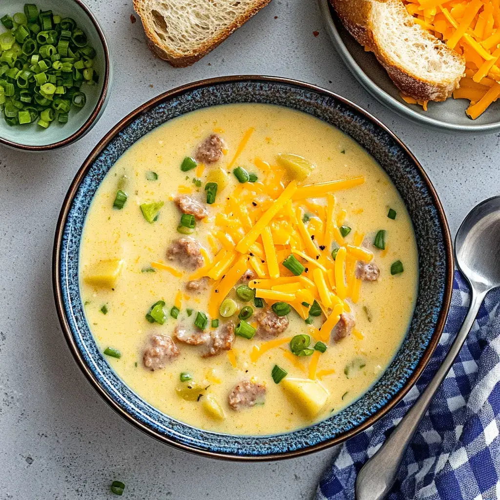 A bowl of creamy soup topped with shredded cheese and green onions, served with bread slices and a small side of chopped green onions.