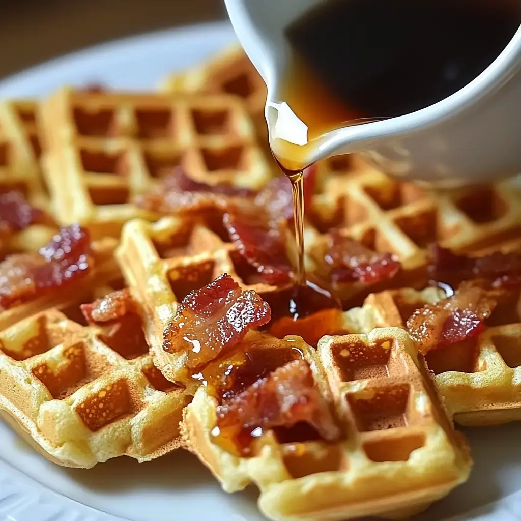 A plate of mini waffles drizzled with butter syrup and sprinkled with crispy bacon.