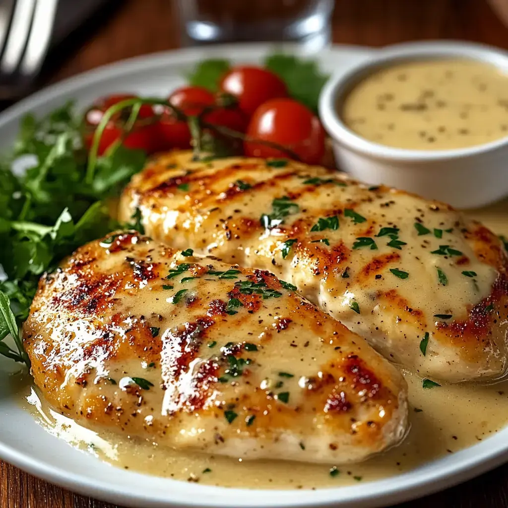 Golden chicken breasts with cheese sauce, parsley garnish, served alongside fresh veggies on a plate.