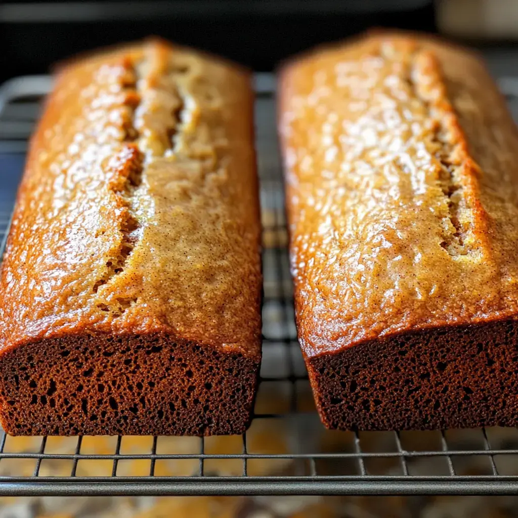 Two fresh loaves of cinnamon applesauce bread cooling on a wire rack.