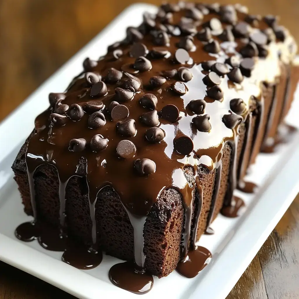A luscious chocolate loaf glazed with fudge and sprinkled with chocolate chips sits on a white plate.