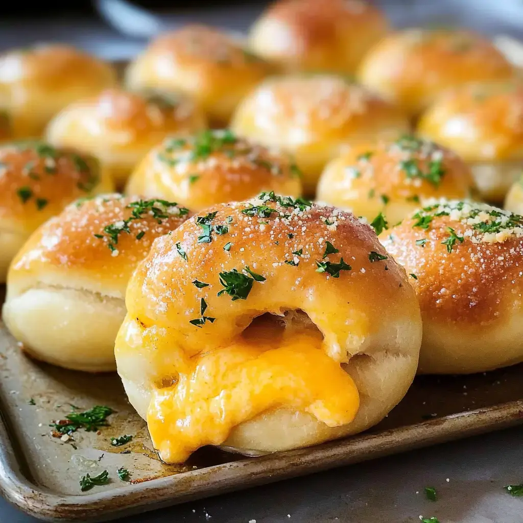 Golden biscuits with melted cheese inside and parsley sprinkled on top, served on a plate.
