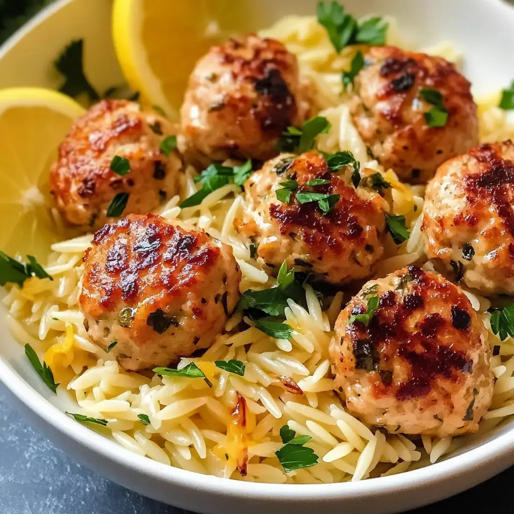 A bowl filled with orzo pasta, browned meatballs, parsley, and lemon slices.
