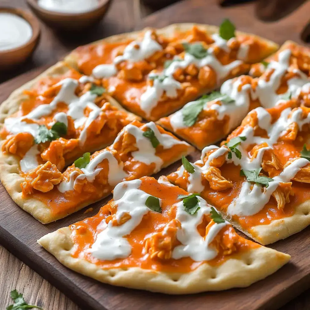 Slices of flatbread on a wooden board with orange sauce, shredded chicken, white dressing, and green herbs.