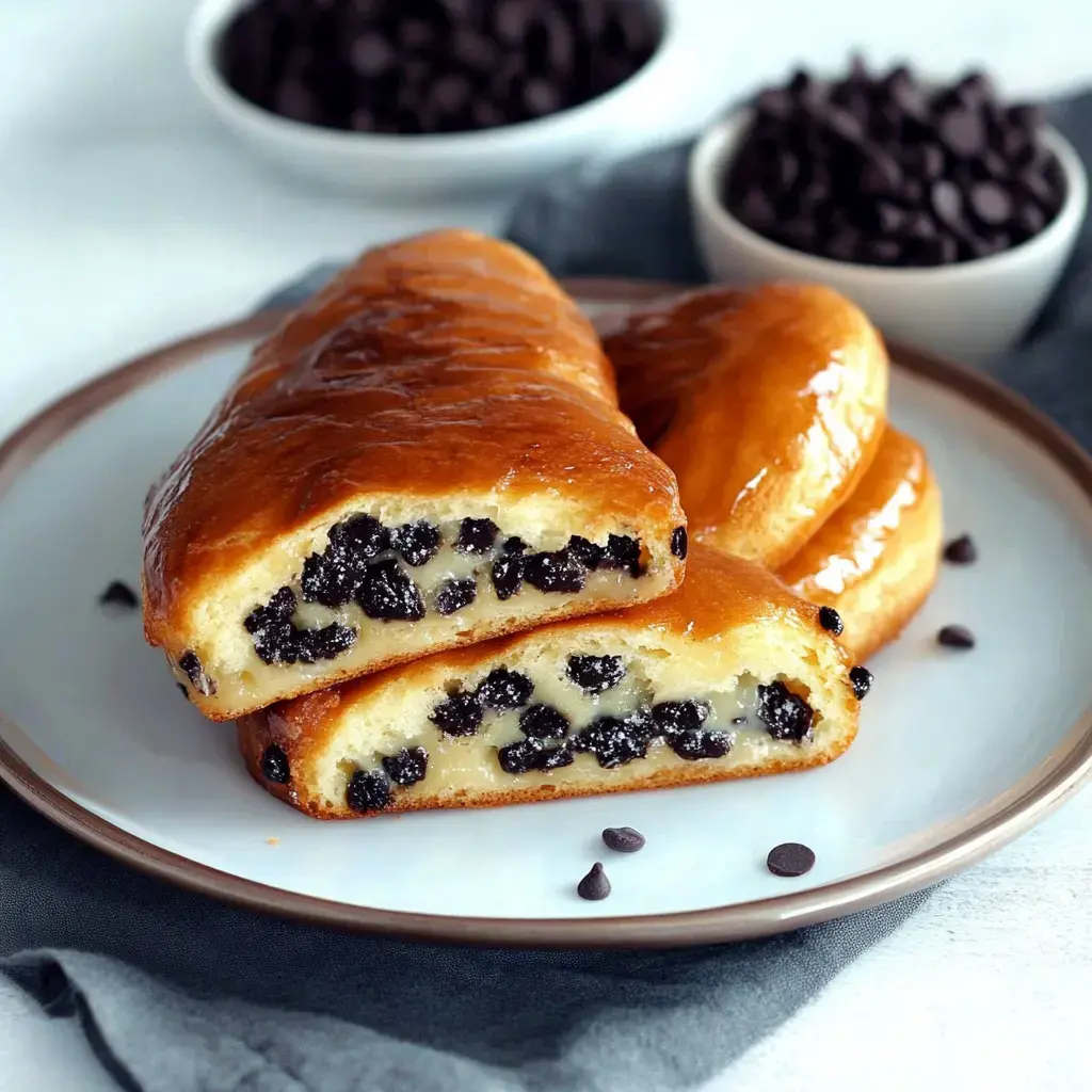 A plate of glazed pastries packed with chocolate chips, with scattered chocolate chips in the background.