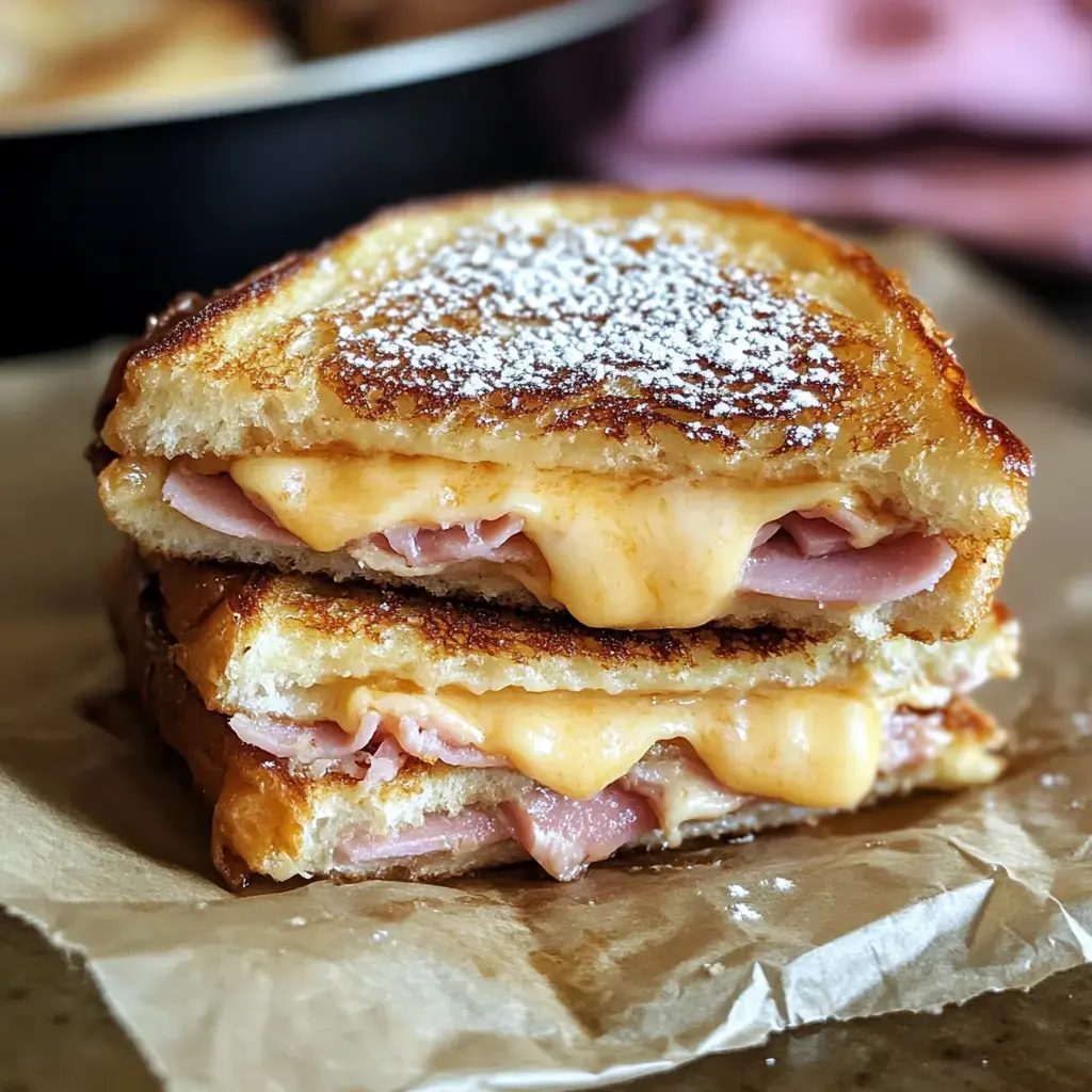 A mouthwatering toasted sandwich with gooey melted cheese and ham, lightly dusted with powdered sugar and served on brown paper.