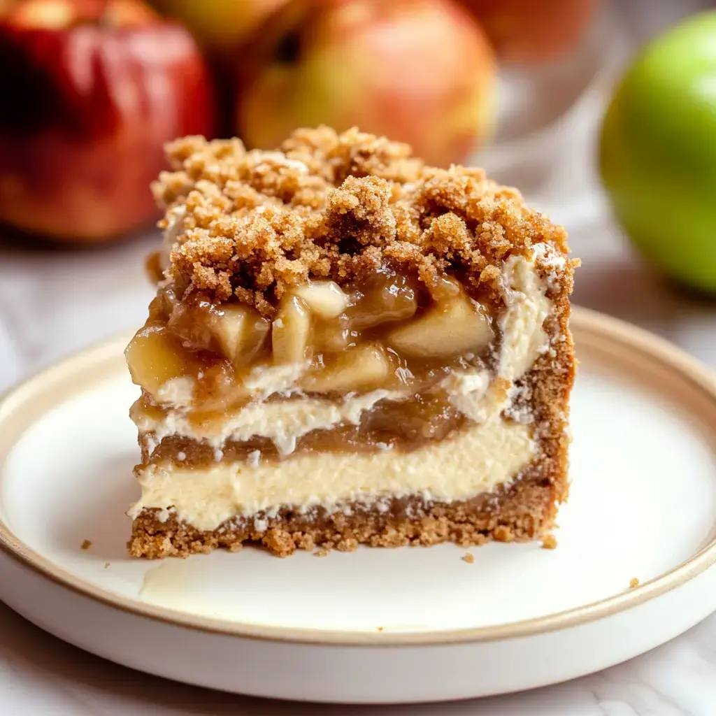 A creamy apple cheesecake slice with buttery crumble topping and fresh apples in the backdrop.