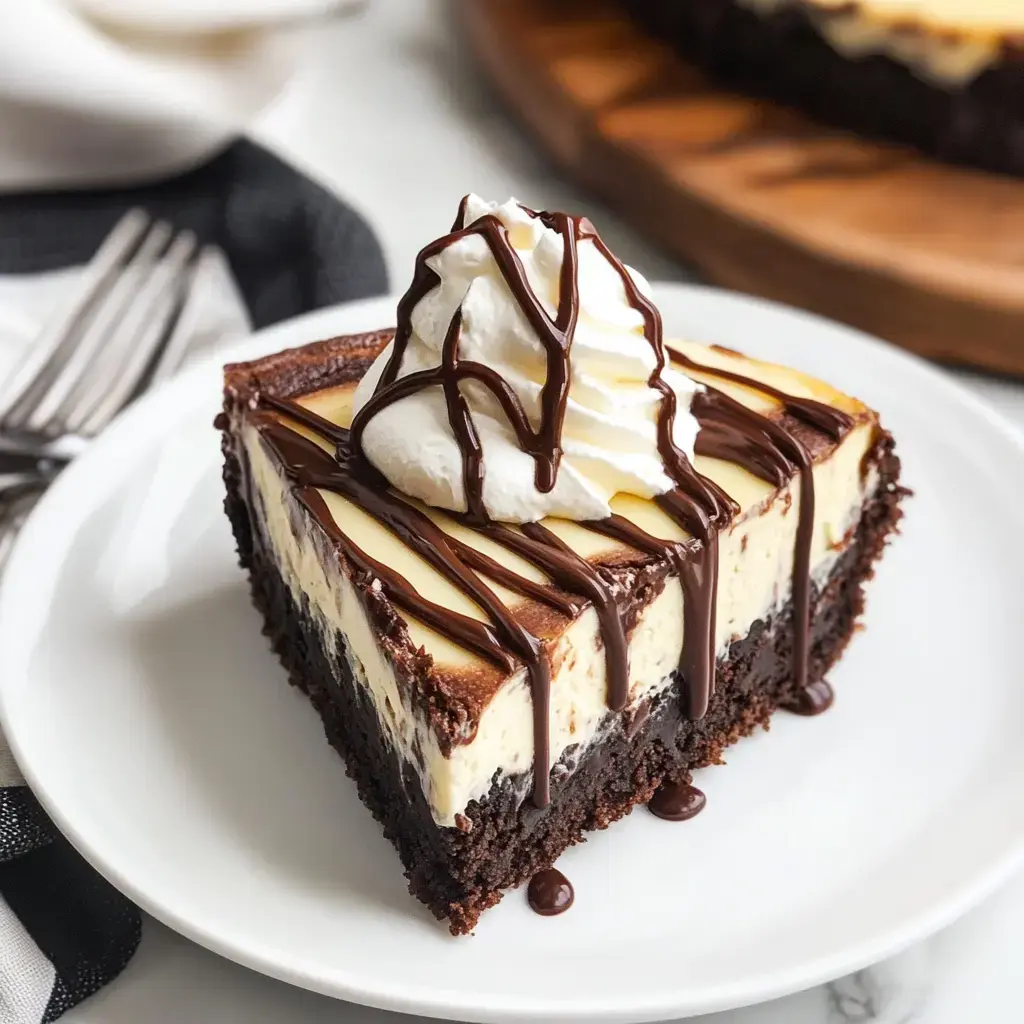 Chocolate vanilla cheesecake slice with cream and chocolate drizzle on a white plate.