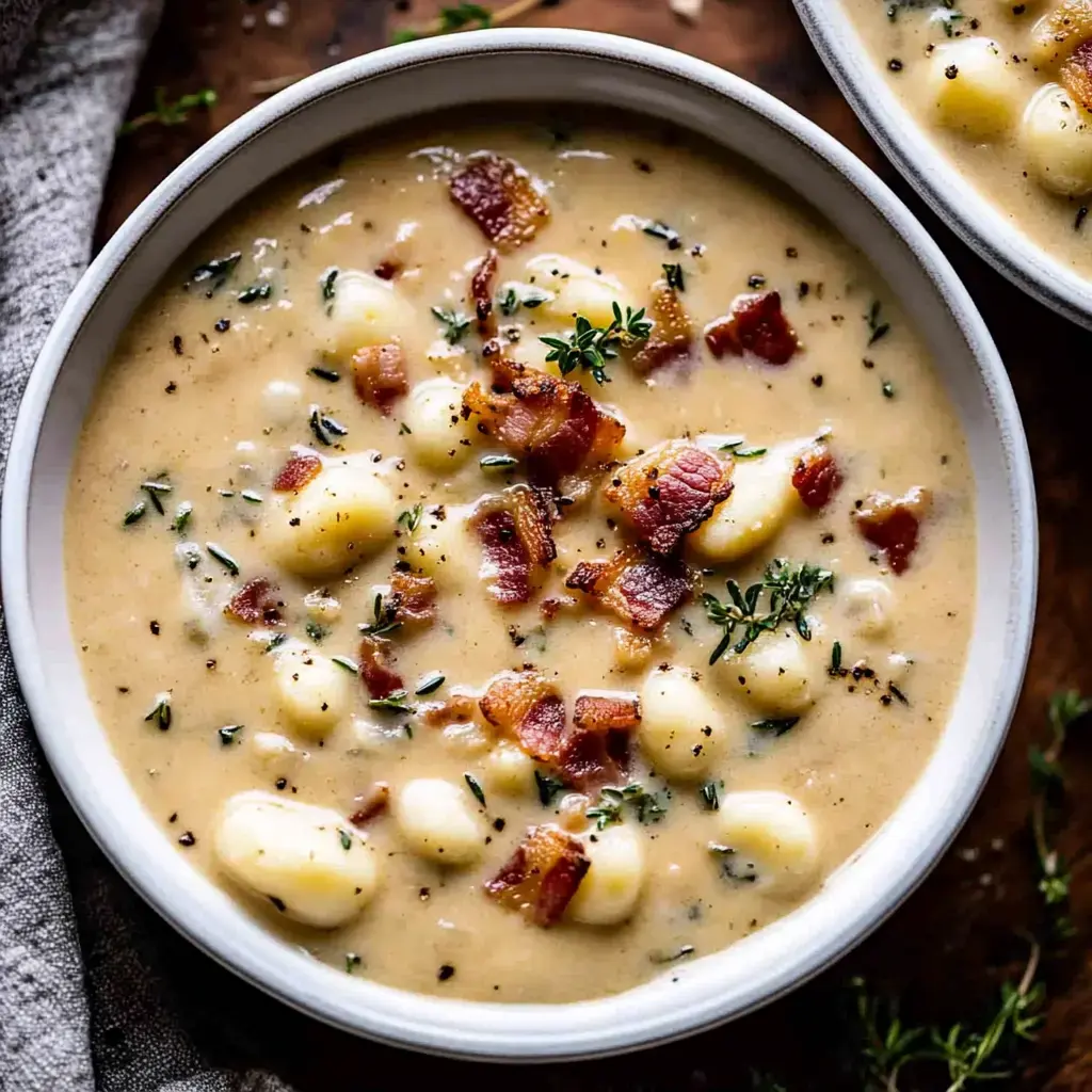 A steaming bowl with gnocchi, crispy bacon bits, and herbs topped with cracked pepper.