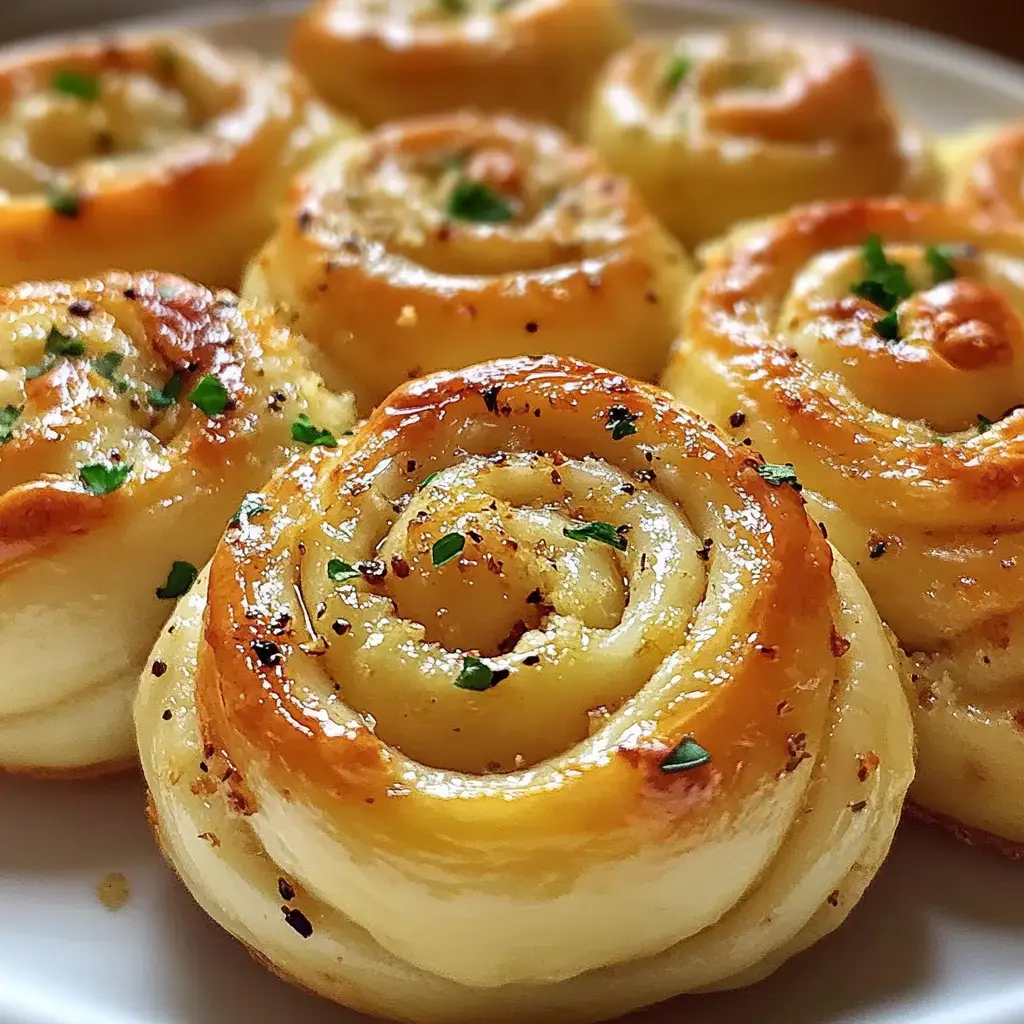 Golden rolls with garlic and herbs, arranged on a white plate.