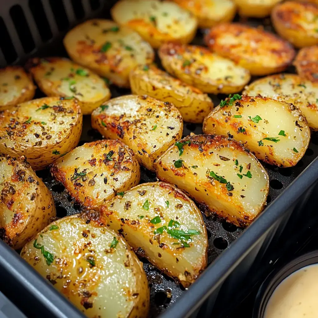 Close-up of golden-brown potato wedges topped with herbs, arranged on a black tray.