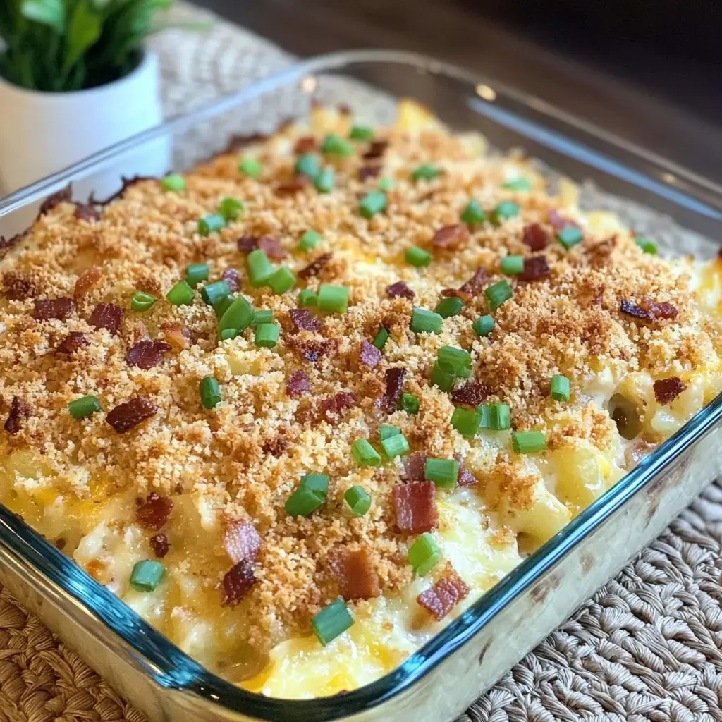 A dish with baked cheesy potatoes topped with crispy crackers, bacon, and green onions on a woven mat near a small plant.